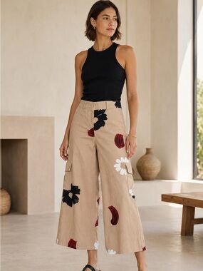 Jazmín Chebar Floral Wide Leg Cargo Pants Tan Size 6